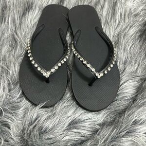 Black Flip Flops with Rhinestone Detailing